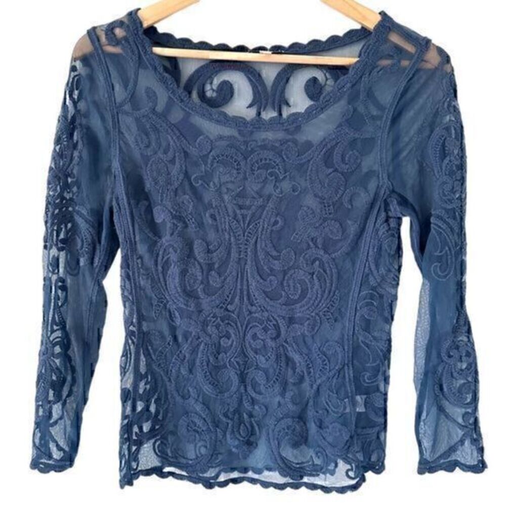Express Blue Long Sleeve Lace Sheer Scallop Scoop Neck Blouse Size XS